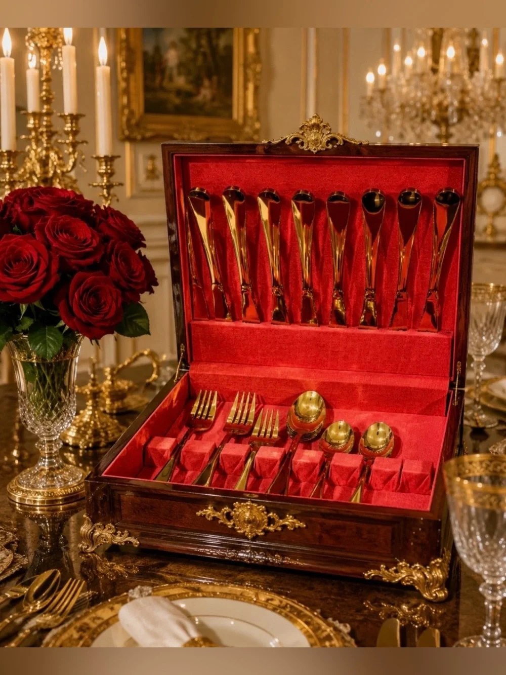Original Vintage Gold Golden Flatware Silverware Fine Art Utensils Service for 8